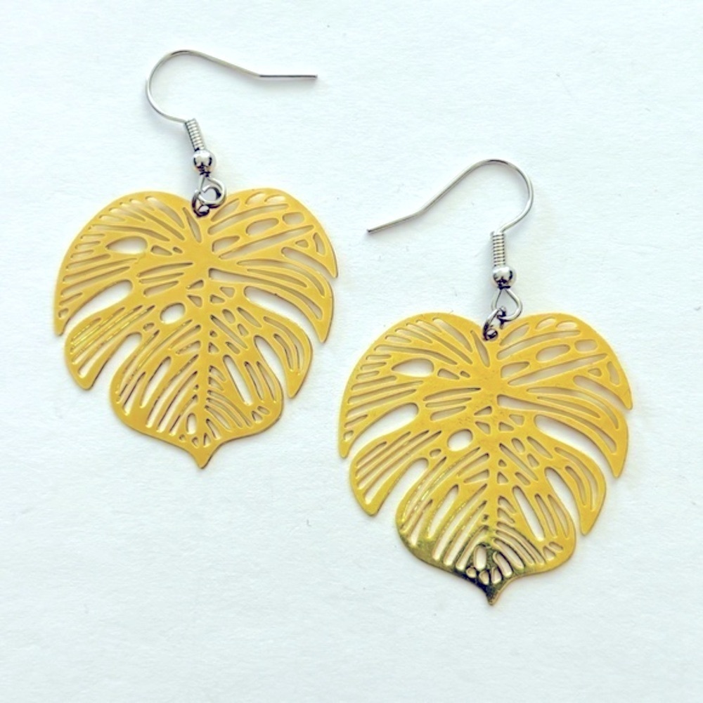 Monstera Leaf Filigree Style Metallic Gold Colour Earrings, Handmade, NWT